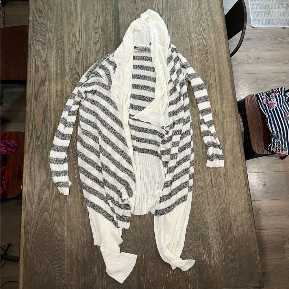 Miou Muse Open-Front Drape Cardigan Sweater Shawl Collar Stripe Ivory Black M/L